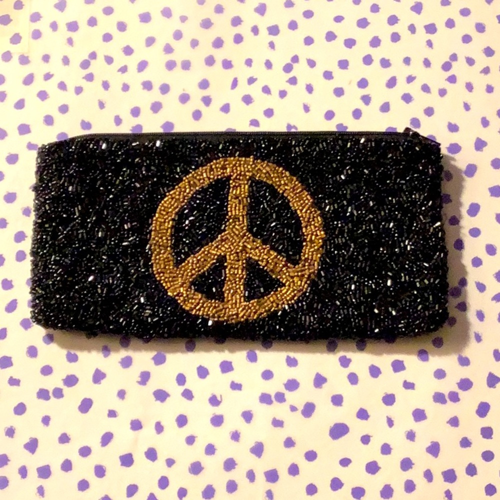 MOYNA Beaded Black with Gold Peace Sign Zip Clutch/ Hand Purse